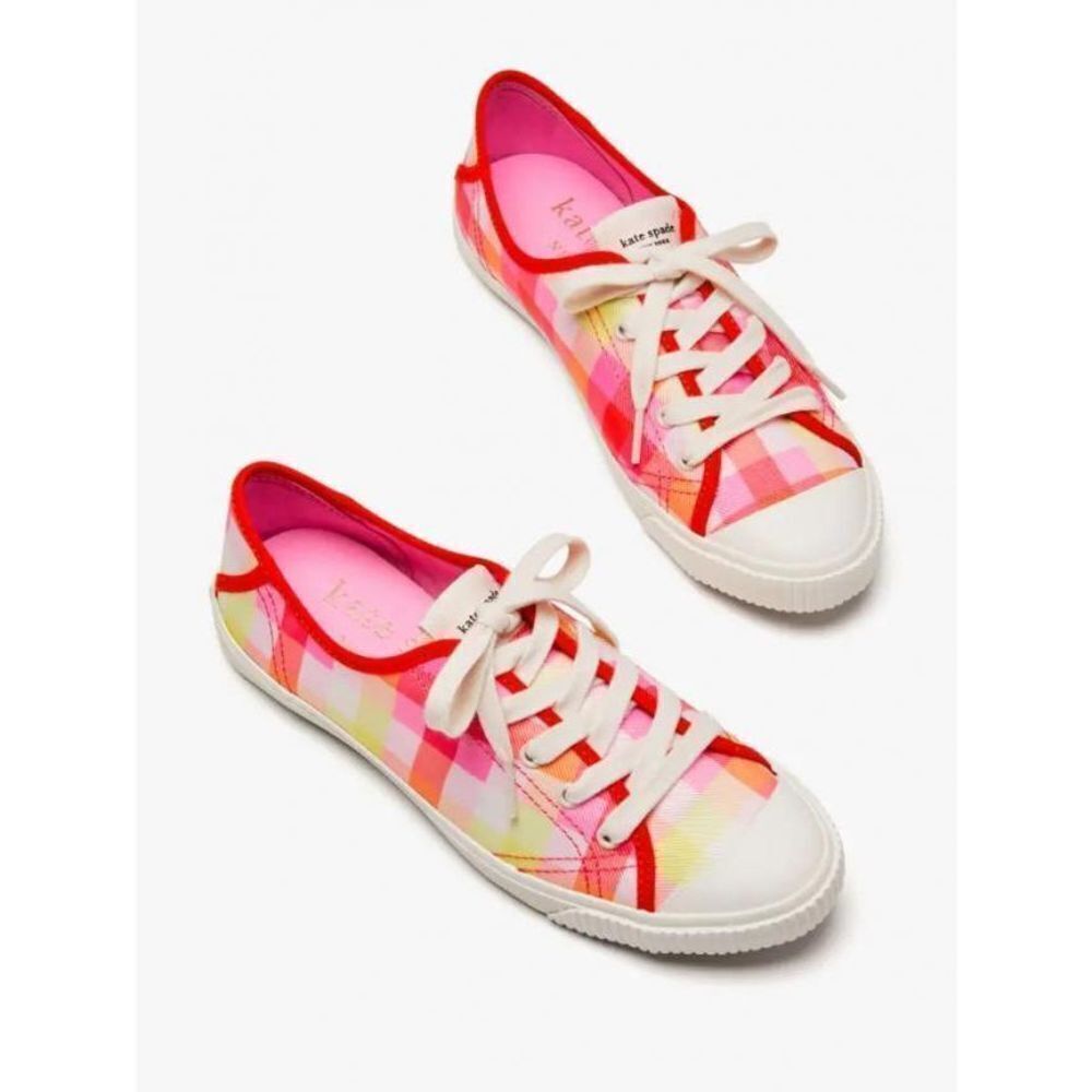 Kate Spade Tennison Pink Madras Plaid Fashion Sneakers Shoes Lace-Up NEW - Picture 3 of 6
